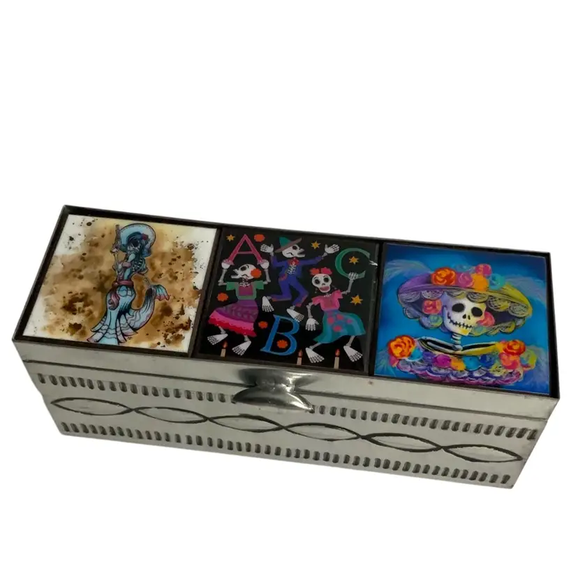 Gorgeous 6” By 3” By 2.5” Halloween 🎃 Or Day of the Dead (Día de los Muertos) themed Jewelry Or Trinket Box Silver Tone With Colorful Calavera Decorative Tiles