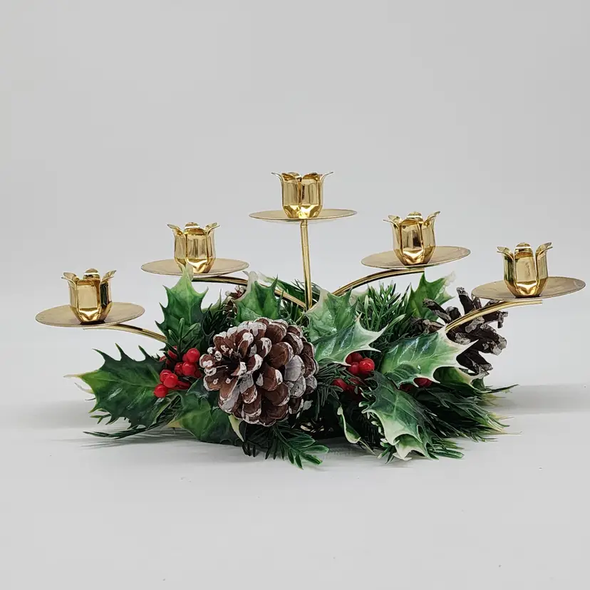 Kitschy Candelabra Candle Centerpiece Christmas Berries Pine Cones Poinsettia VTG