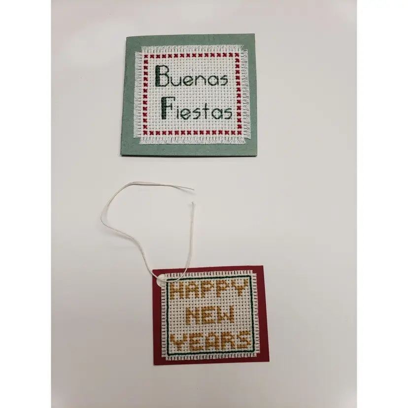 New Handmade Cross-stitched Seasonal Gift Tags Lot Of Two