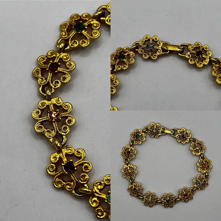 Vintage Etruscan Revival USA Gold Tone Rhinestone Bracelet
