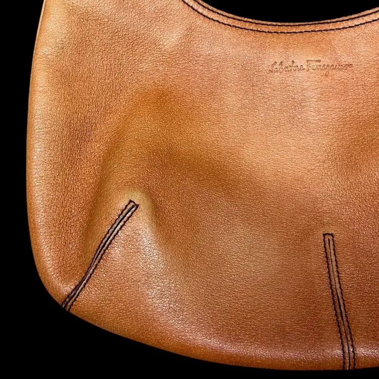 Salvatore Ferragamo Vintage Leather Purse Made In Italy, Vintage Salvatore Ferragamo Tan Leather Hobo Shoulder Bag, Salvatore Ferragamo Leather Handbag Tan With Dark Brown Stitching