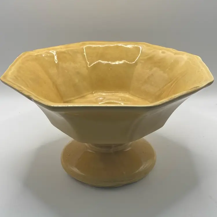 Vintage Yellow Octagonal Footed Pedestal Pottery Planter
