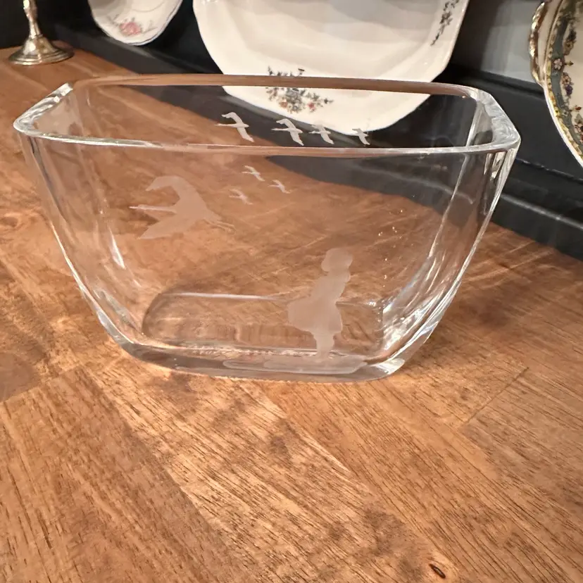 Stunning, Signed vintage Orrefors art glass vase, likely designed by Sven Palmqvist, featuring etched details of a girl, geese, and birds.