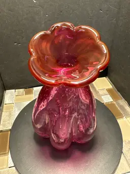 Vintage Mid-Century Unique Bubble Pink Flower Top Vase.Blown Glass