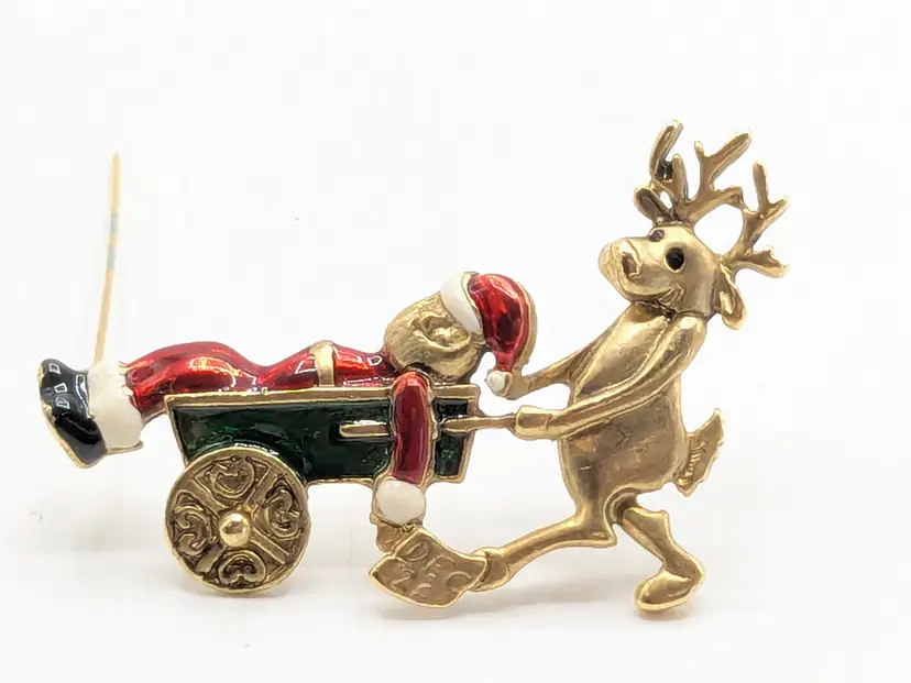 Vintage Danecraft Santa and Reindeer Christmas Brooch Pin