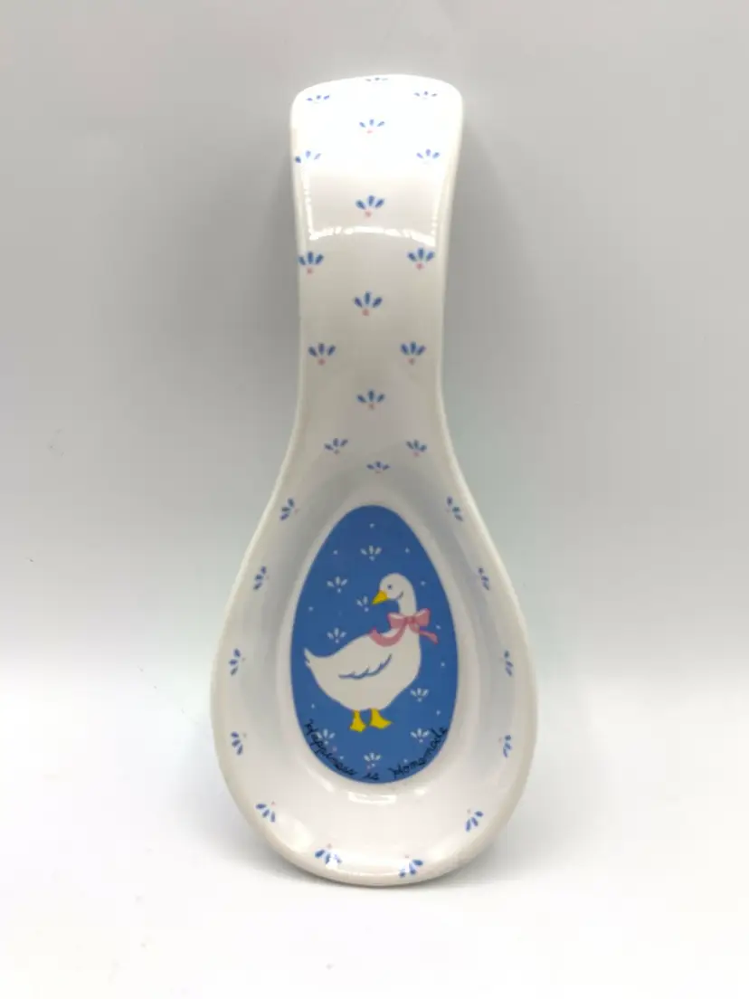 Vintage Duck Spoon Rest Holder 1980's Blue White Marked W.A. 1987 7"