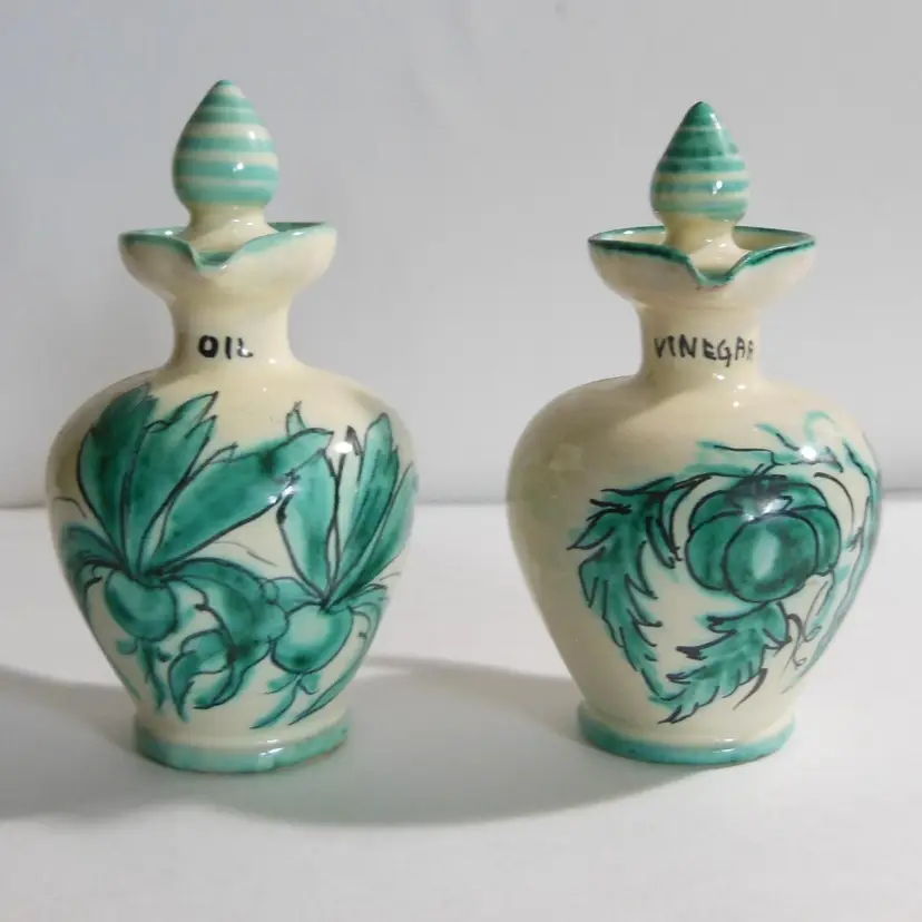 Vintage Hand Painted Italian Art Pottery Oil & Vinegar Cruet Set, Marked Italy