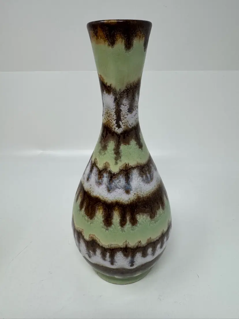 Carstens Tönnishof Bud Vase Fat Lava Drip Glaze Pottery Germany 8” H Green Brown