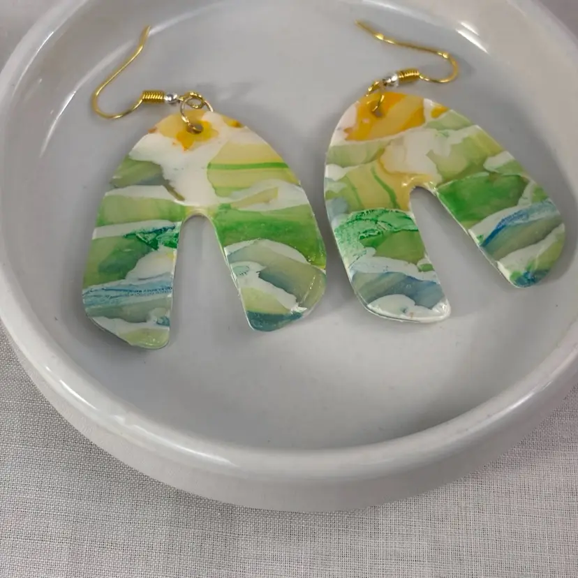 Rainbow Watercolor Style Polymer Clay Earrings Fish Hook Handmade