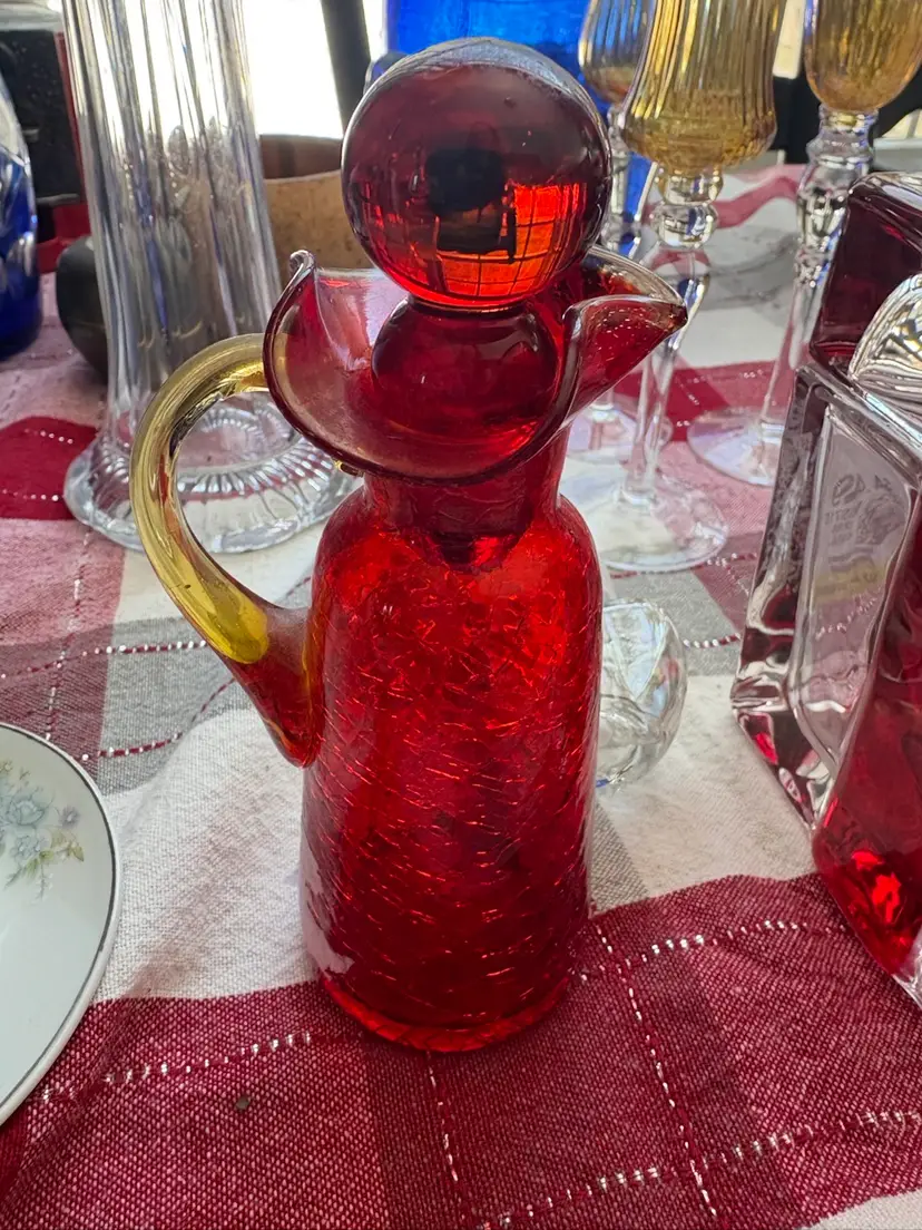 Ruby Red Crackle Glass Hand Blown Bottle With Stopper