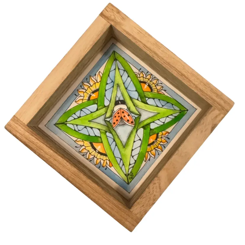 Hand Drawn And Watercolor Painted 5” Square Picture In Shadowbox Frame