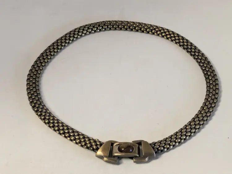 Vintage Brassy Gold Tone Mesh Necklace with Stone Clasp