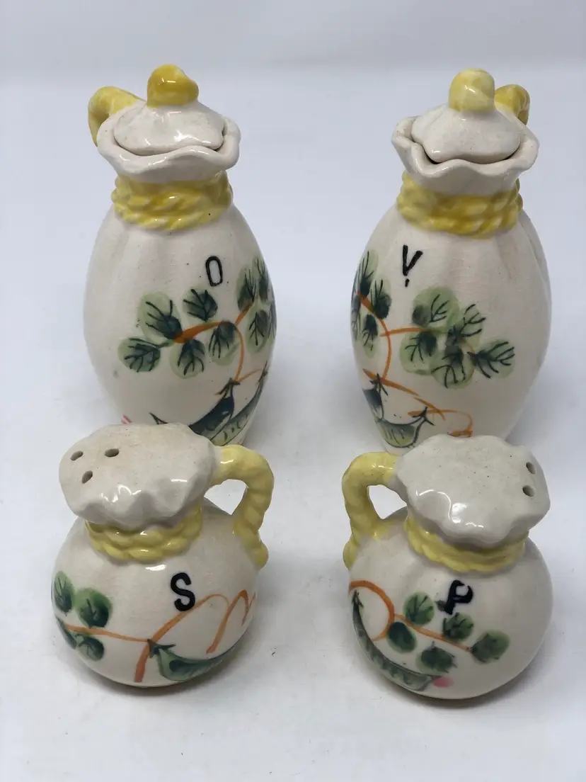 Olive Oil and Vinegar Salt and Pepper Set Pea Pods on Flour Sacks Japan