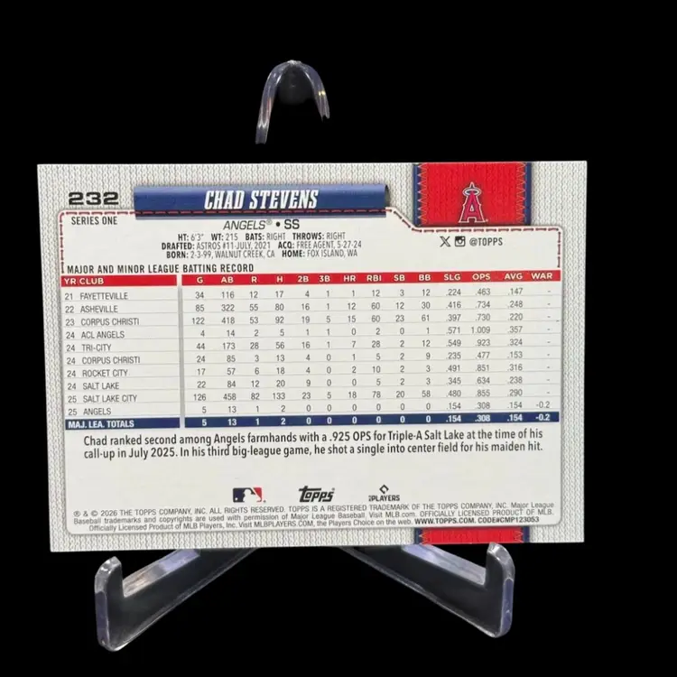 CHAD STEVENS 2026 TOPPS SERIES 1 #232 RC DIAMANTE PARALLEL LOS ANGELES ANGELS