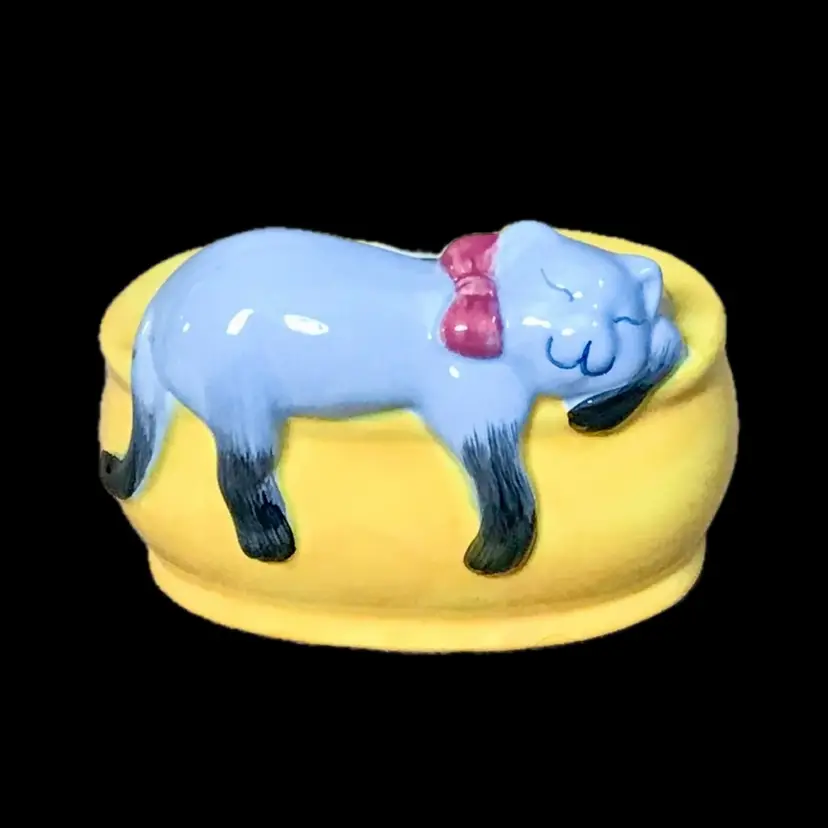 Gray Sleeping Cat Yellow Ceramic Planter Trinket Dish Twee Cute Kitsch Whimsical