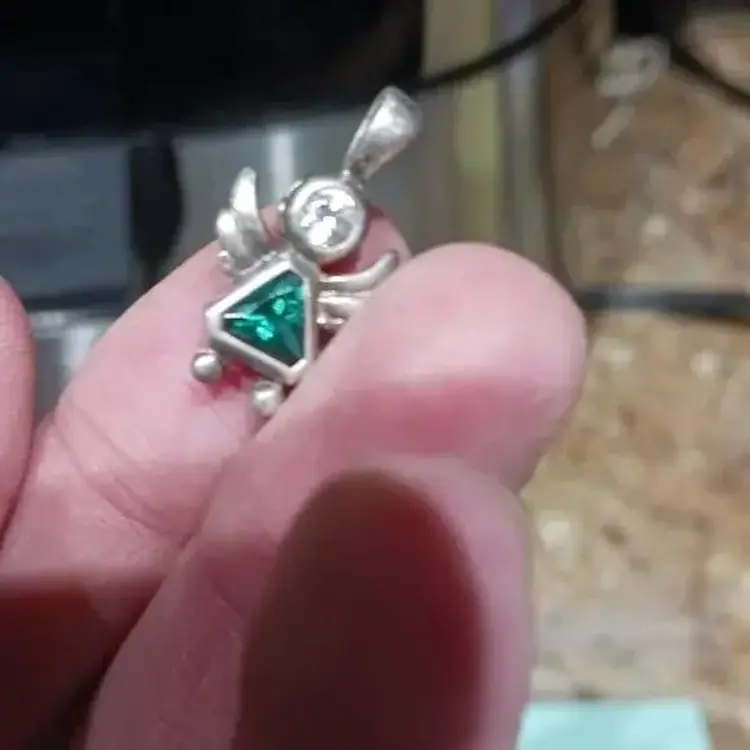 Vintage Sterling 925 Silver Angel Birthstone Pendant. Color- Emerald (May).