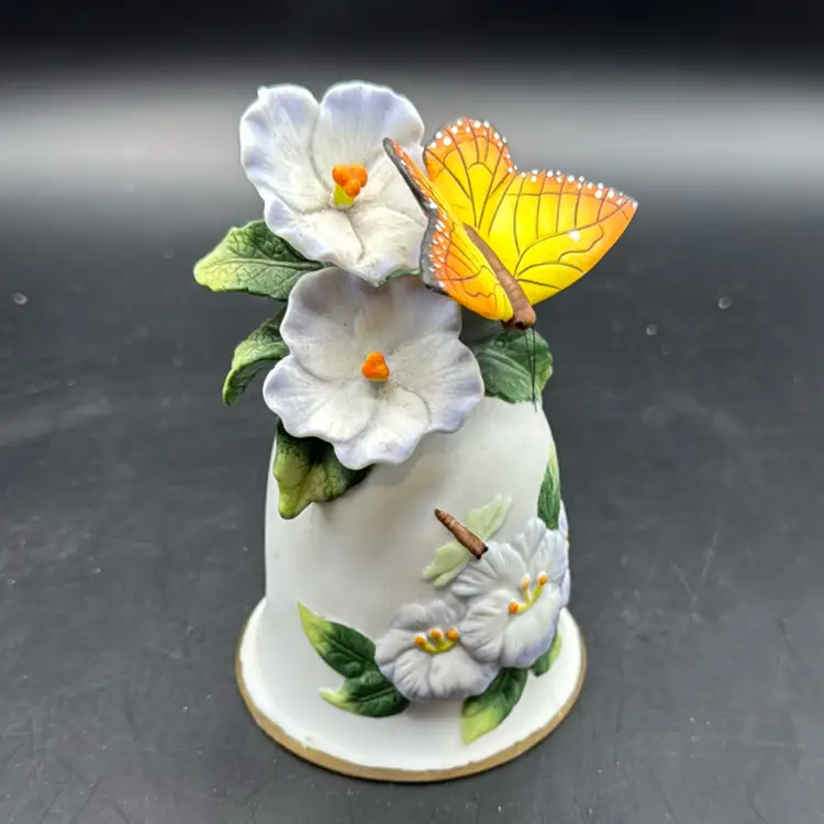 3D Figural Butterfly w/ Dragonfly & Flowers Bisque Porcelain Bell 5"