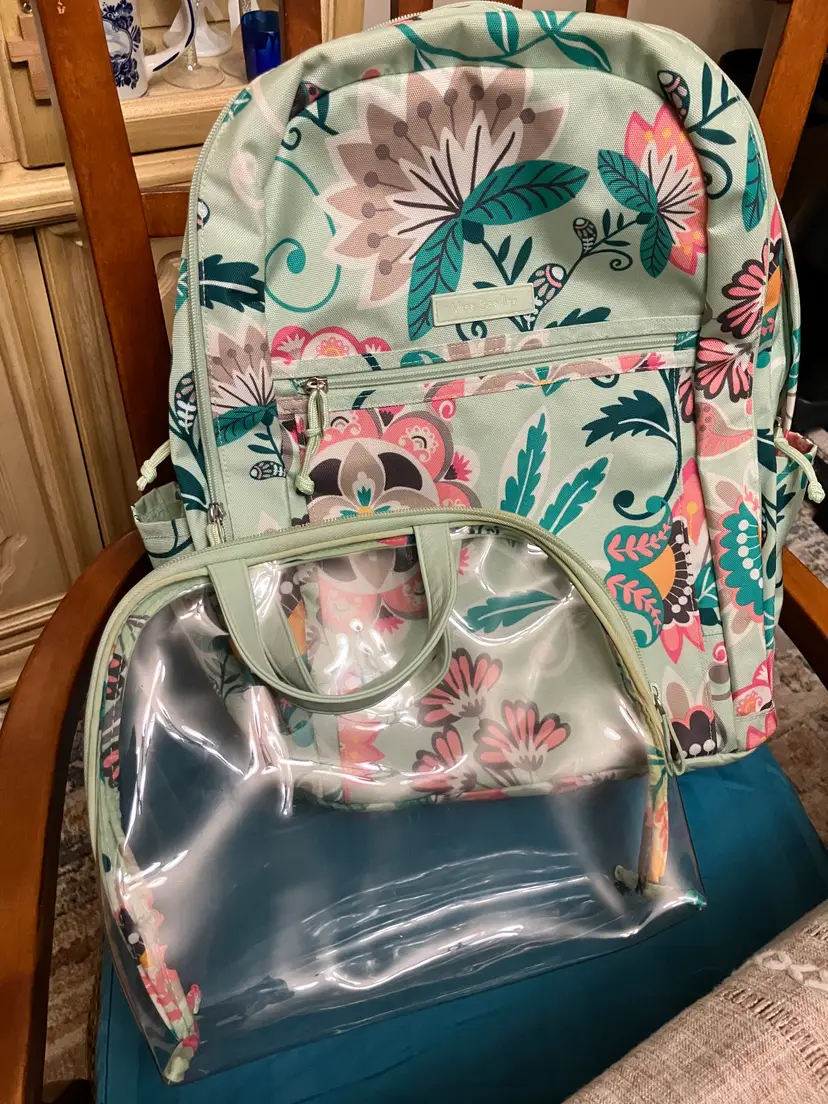 Vera Bradley Lighten Up Grand Backpack and Travel Cosmetic Bag – Mint Flowers
