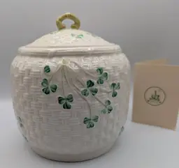 Belleek Shamrock Basket Weave Biscuit/Cookie Jar- 7th Brown Mark 1980-1993
