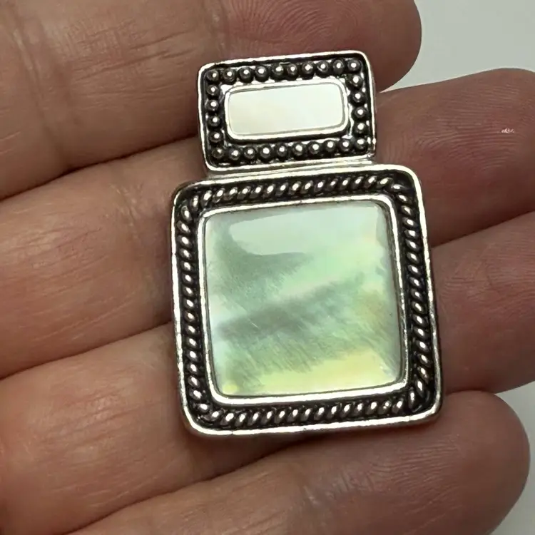 Signed Lis Sophia Slide Pendant Silver Tone Mother of Pearl