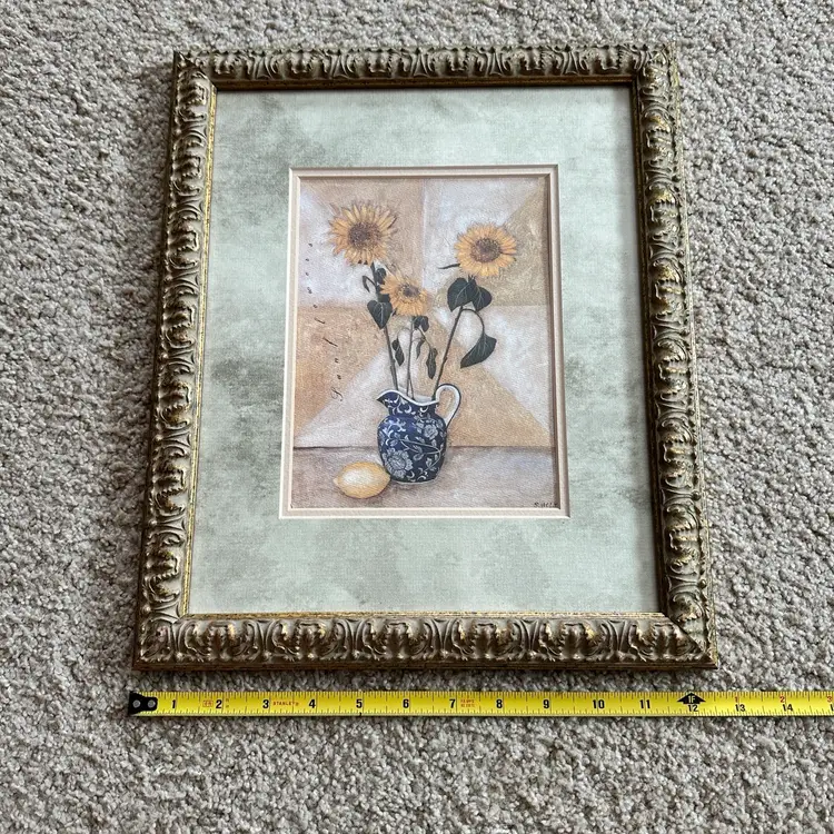 Beautiful vintage framed print of a sunflower still life Ina Blue and white pitcher by S. Hely.