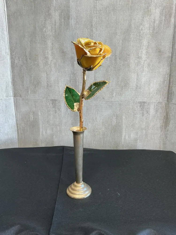 Handcrafted enameled long stem rose yellow with green leaves and 24k gold trim 1970s-90s