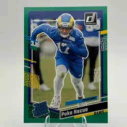 PUKA NACUA 3 CARD ROOKIE LOT. 2023 DONRUSS GREEN PRESS PROOF. 2023 ILLUSIONS MYSTIQUE. 2023 CONTENDERS ROOKIE STALLIONS.