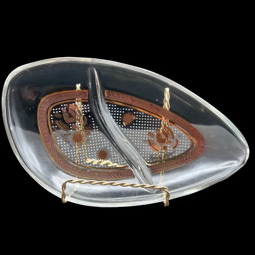 #171A Georges Briard Divided Dish Mid-Century Modern Gold Amoeba Shape Glass 9" MCM