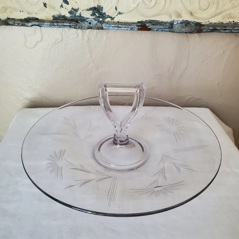 Etched Glass Appetizer Cheese Tray Center Handle