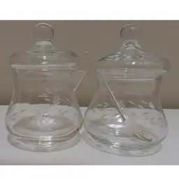 Vintage Floral Etched Glass Cream & Sugar/Jelly/Condiment Dishes w/Spoon