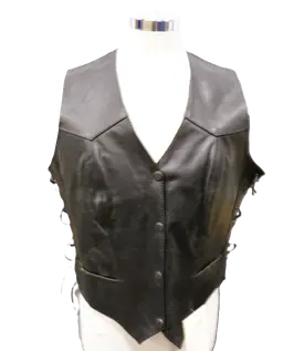 NEW Jim Leather Inc Women's Black Genuine Leather Motorcycle Riding Snap Up Vest Vest With Side Lace And Coin Pockets Size Large