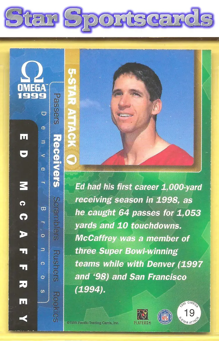 1999 Pacific Omega #19 Ed McCaffrey 5-Star Attack Denver Broncos