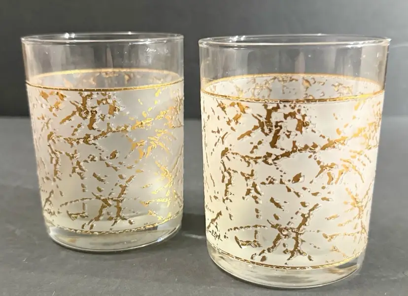 Culver Ice Gold Speckle Rocks Glasses - Set of 2 - 1987 22k Gold Old Fashioned