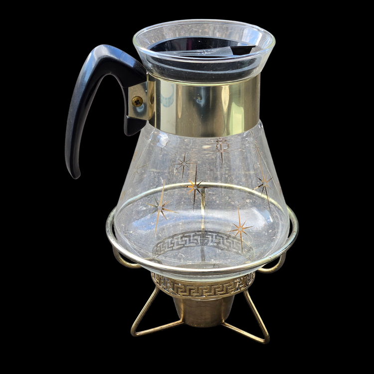 Corning Pyrex Coffee Carafe 1960s Atomic Starburst 4+ Cup Candle with Warmer Stand