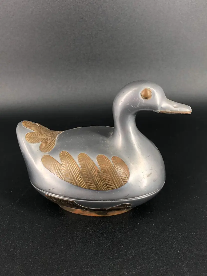 Vintage Pewter & Brass Duck Trinket Box