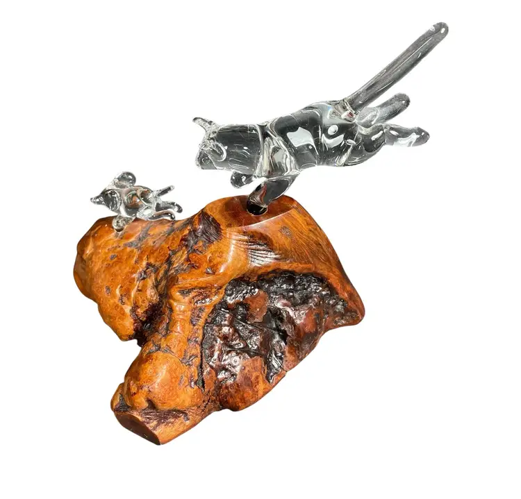 Cat Chasing Mouse On Burlwood Clear Art Glass Figurine