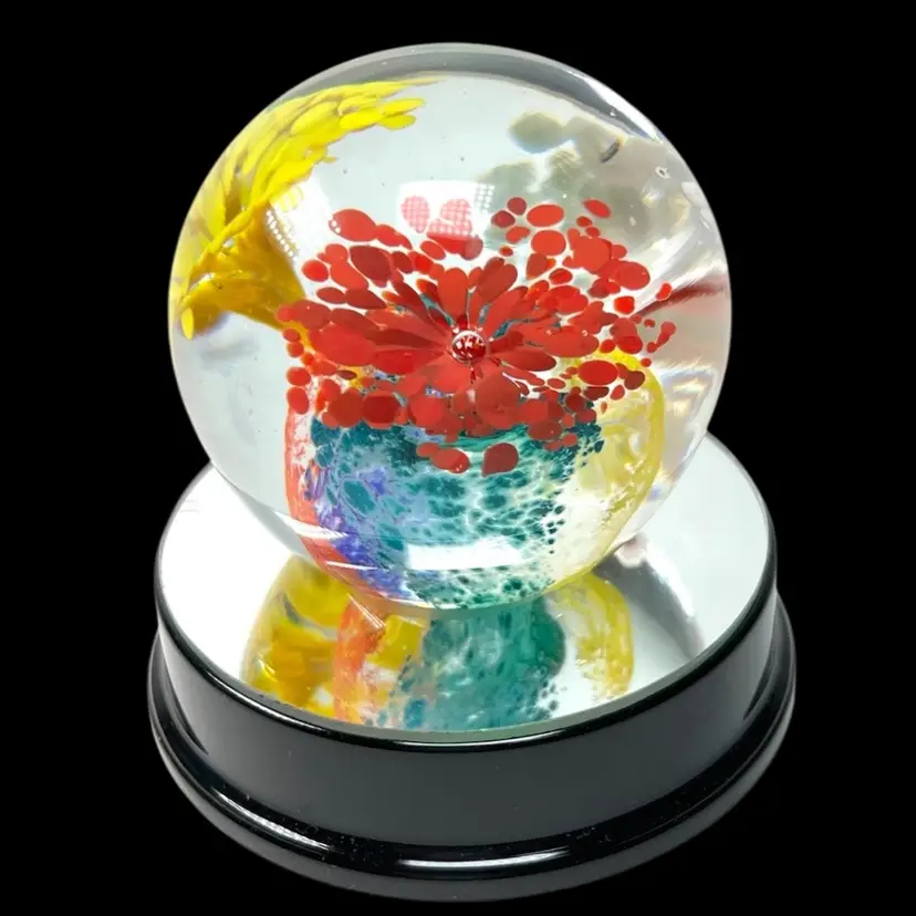 2-1/2” Colorful Flower Petal Bursting Art Glass Paperweight. Not Signed. Amazing Clarity.