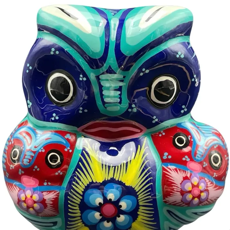 Mexican Pottery Owl Bird Figurine Hand Painted Folk Art Mexico