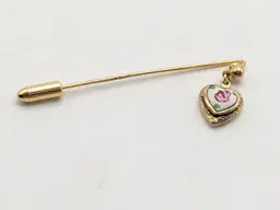 Vintage Gold Tone Heart Stick Pin with Pink Enamel Rose