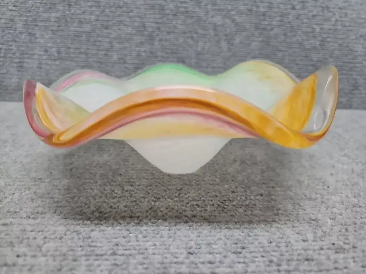 Murano Crystal Clear Art Glass Glassware 9 1/2"Scalloped Bowl Dish Italy Pastel