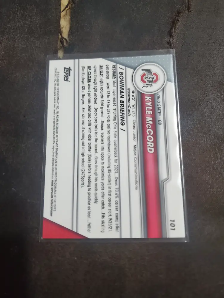 2023 Bowman Chrome University Kyle McCord Ohio State 1st Bowman Card