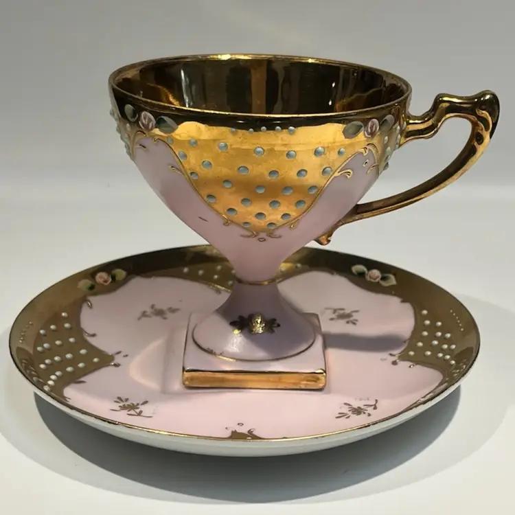 Vintage Glam! Lenwile Japan - Ardalt - Pink & Gold Pedestal Tea/coffee Cup (3.50 Tall, 4.5” Wide) & Saucer (5.75” Diameter)  #6264B - Original Sticker