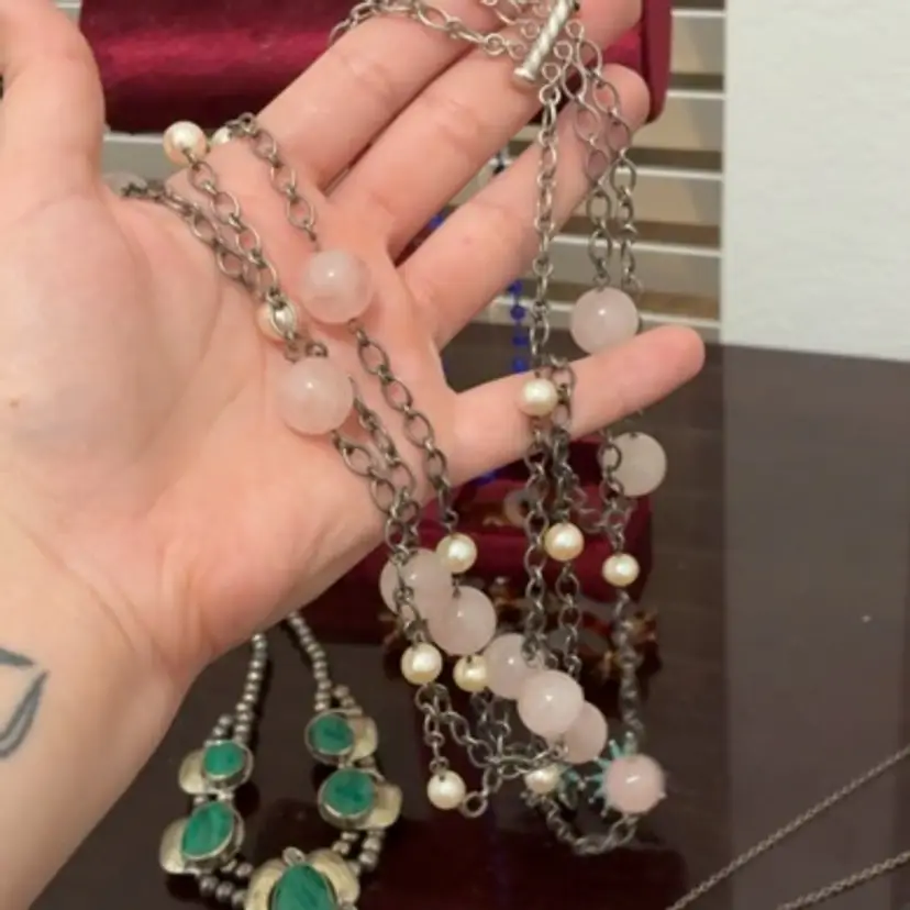 Rose Quartz And Pearl 925 Silver Untested 3 Strand Necklace