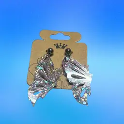 Pierced Pair Of Half Wing Butterfly With Multicolored Sparkles. Plastic & Hand Made.