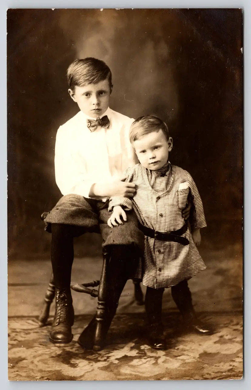 Postcard RPPC Young Brothers Real Photo Siblings Bowtie Pocket Square  - 9105