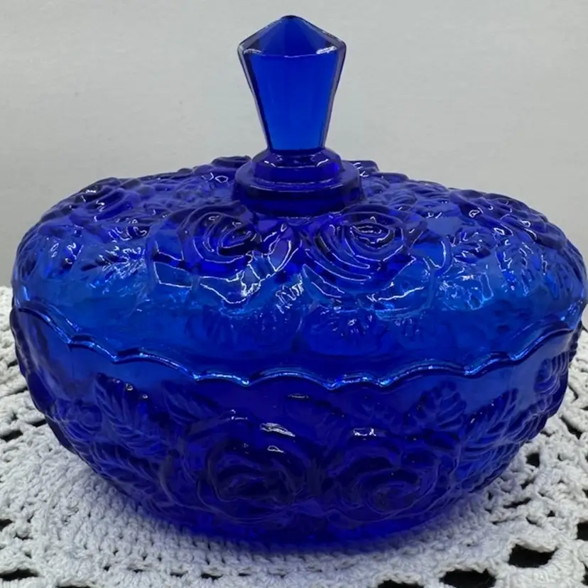 Cobalt blue pressed glass candy dish with embossed rose pattern and lid, 6”x 5” Tall, Chip On Lid- See Pic