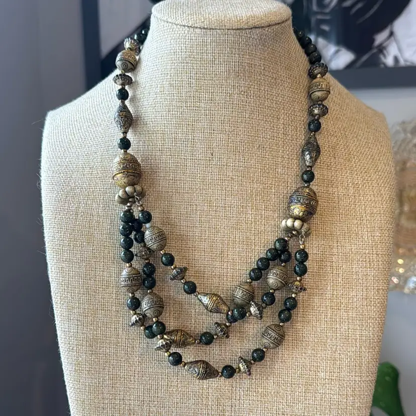 Greens And Bronze Beaded Vintage Necklace