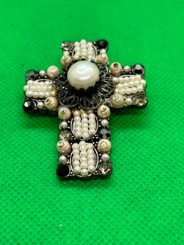 Vintage Handmade Upcycled Cross Brooch