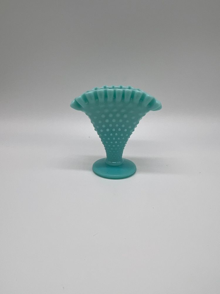 Fenton Turquoise Glass Hobnail Small Fan Vase