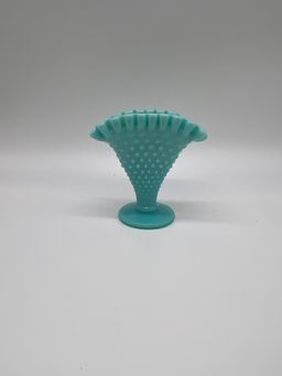 Fenton Turquoise Glass Hobnail Small Fan Vase